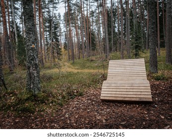 A wooden bench placed along a forest trail, offering a resting spot surrounded by tall pine trees. The area is marked with a hiking trail sign on a tree. Fallen leaves cover the ground, creating a ser - Powered by Shutterstock