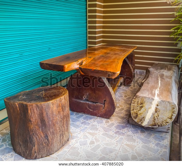 Wooden Bench Table Made Tree Trunks Stock Photo Edit Now 407885020