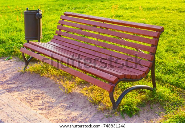 Wooden Bench Wroughtiron Legs Metal Black Stock Photo Edit Now
