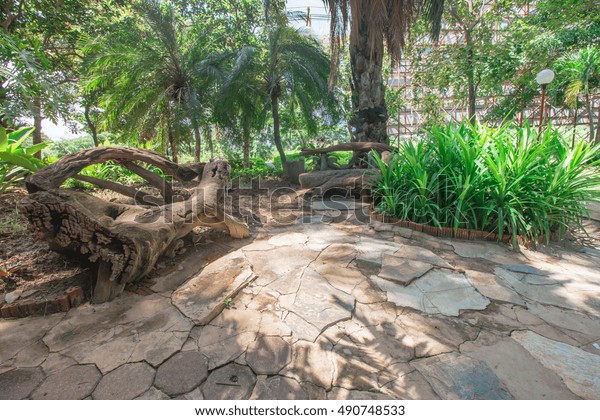 Wooden Benches Garden On Some Day Stock Photo Edit Now 490748533