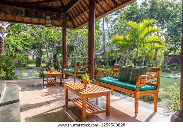 Wooden Benches Pillows Near Tables Gazebo Stock Photo Edit Now
