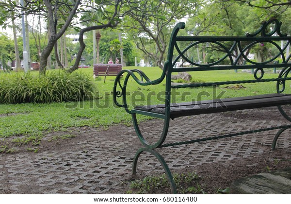 Wooden Benches Set Garden Midst Green Stock Photo Edit Now 680116480