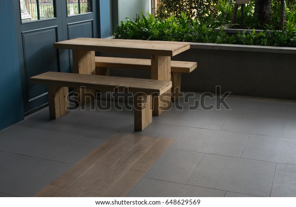 Wooden Benches Table Near Blue Doors Stock Photo Edit Now 648629569