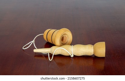 Wooden Bilboque, Old Toy And Typical Vintage From Brazil. Exercises Motor Coordination. Traditional Toy