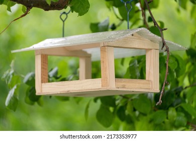 Wooden bird feeder hanging on tree branch in summer