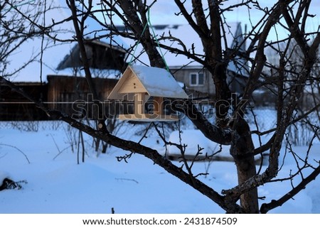 A wooden bird feeder hangs on an apple tree branch in a village garden in winter against the background of a house. Horizontal photo