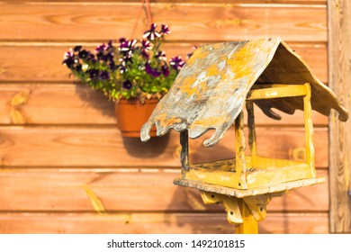 Wooden bird feeder on a wooden background. On a wooden background is attached a flower pot with purple petunia flowers.