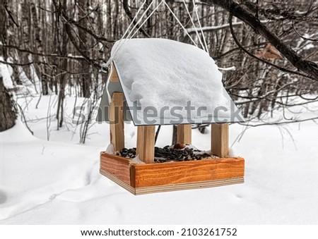 Wooden bird feeder with a roof covered with snow in a winter snow-covered forest