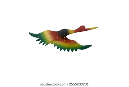 A wooden bird figurine. The bird is painted in vibrant colors of red, yellow, and green, and it appears to be in flight with its wings outstretched.  - Powered by Shutterstock