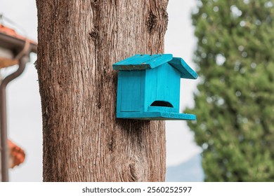 Wooden birdhouse painted in vibrant blue provides shelter for birds in a natural setting - Powered by Shutterstock