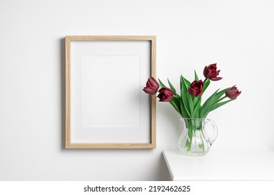Wooden Blank Portrait Frame Mockup In White Interior With Tulips Flowers Bouquet, Mockup With Copy Space