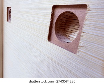 wooden blanks for assembling durable structures from compound materials in close-up. space for text.