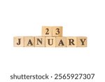 Wooden block calendar January 23 on white background. The Shaanxi, china, earthquake, Elizabeth Blackwell, doctor, woman, Rutger Hauer, World Freedom Day, National Handwriting Day 20