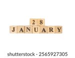 Wooden block calendar January 28 on white background. Edward VI, King, England, First canned beer sold, Axis of Evil, George W. Bush, Henry VII of England, Jose Marti, Data Privacy Day, Army Day 2