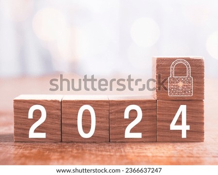Wooden block Happy New Year 2024. Wooden block placed on white background and bokeh. Unlocking in every aspect Action schedule, calendar, future vision Future planning and goals