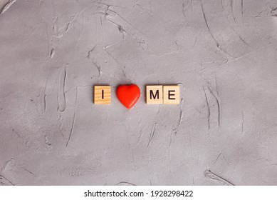 Wooden Block Letters Written Phrase I Love Myself On Grey Background. Concept Mental Health Journaling, Healthy Mindset, Accepting Myself.