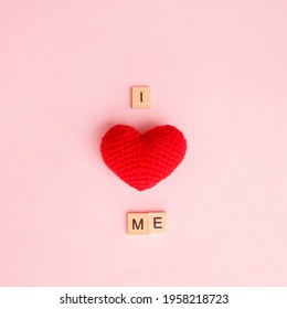 Wooden Block Letters Written Phrase I Love Myself On Pink Pastel Background. Concept Mental Health Journaling, Healthy Mindset, Accepting Myself