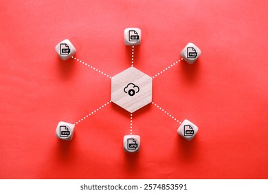 wooden block with save file icon or download file format JPEG, PNG, GIF, PDF, And MP4 file. file icons are arranged into folders. Concept document management system or DMS.