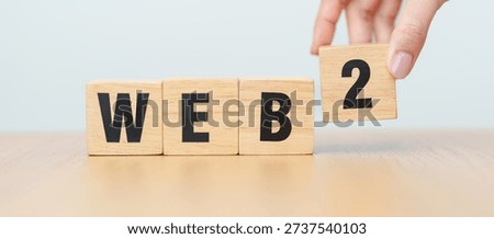 wooden block of WEB 2. Centralization, Blockchain, Decentralization, Social Media, Application Programming Interface, finance and Technology concept 
