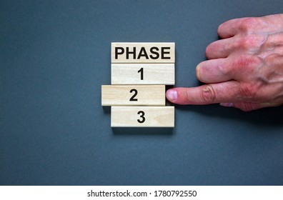 Wooden blocks form the words 'phase, 1, 2, 3,' on blue background. Male hand. Beautiful background. Business concept, copy space.