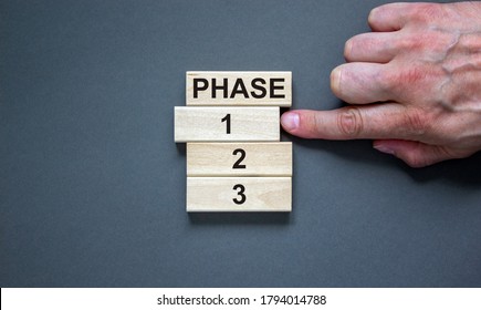 Wooden blocks form the words 'phase, 1, 2, 3,' on grey background. Male hand. Beautiful background. Business concept, copy space.