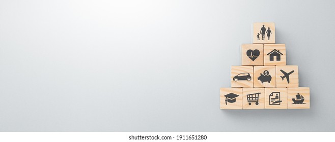 Wooden Blocks With Icons Of Various Types Of Insurance. Life Insurance Concept.