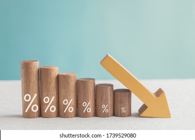 Wooden blocks with percentage sign and down arrow, investment reduce, financial recession crisis, interest rate decline, risk management concept - Shutterstock ID 1739529080