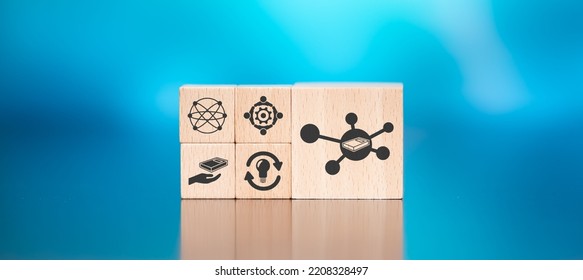 Wooden Blocks With Symbol Of Knowledge Sharing Concept On Blue Background