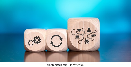 Wooden Blocks With Symbol Of Lms Concept On Blue Background