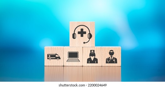 Wooden Blocks With Symbol Of Medical Hotline Concept On Blue Background