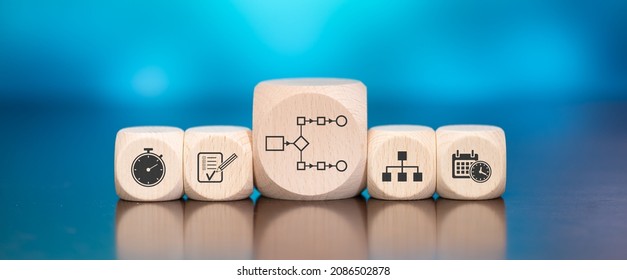 Wooden Blocks With Symbol Of Workflow Concept On Blue Background