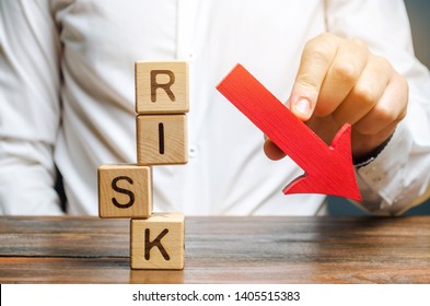 Wooden Blocks With The Word Risk And A Down Arrow. Reduce Financial Risk For Investment And Capital. Protection Of Investment Funds And Assets. Deposit Insurance. Debt Restructuring. Assessment