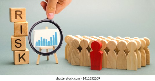 Wooden blocks with the word Risk and a team with a leader. Business concept of teamwork, crisis solution and problem management. Business planning. Investment in the project. Risk assessment. Forecast