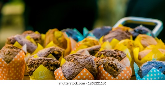 Wooden Board Of Breakfast Muffins For Catering At Corporate Breakfast Event