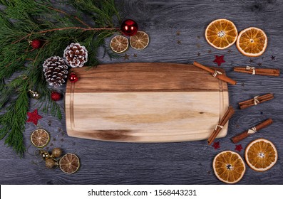 A Wooden Board With Copy Space For Text. Flat Lay. Natural Food Ingredient For Cooking Or Christmas Decor For Home.