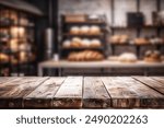 Wooden board empty table background. abstract blurred bakery shop background