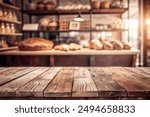 Wooden board empty table background. abstract blurred bakery shop background