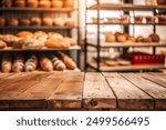 Wooden board empty table background. abstract blurred bakery shop background