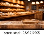 Wooden board empty table background. abstract blurred bakery shop background