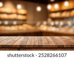 Wooden board empty table background. abstract blurred bakery shop background