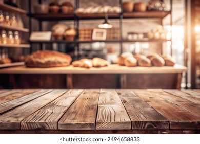 Wooden board empty table background. abstract blurred bakery shop background - Powered by Shutterstock