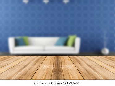 Wooden Board Empty Table With Blurred Background Saloon Blue