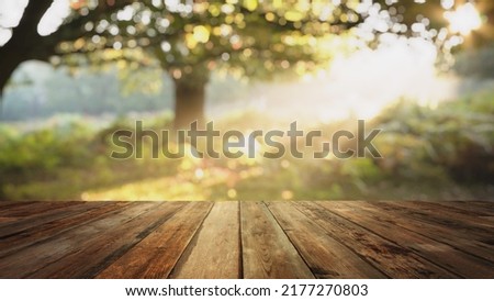 Wooden board empty table in front of blurred background. Perspective brown wood over blur trees in forest - can be used mock up for display or montage your products.	