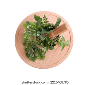 Wooden Board And Mortar With Different Herbs, Flowers And Pestle On White Background, Top View