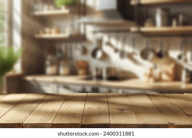 Wooden board with wooden pedestal and free space for your decoration. Kitchen interior with shelfs. Sun natural light and shadows. Mockup place for your products. 