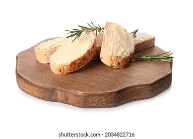 Wooden board with slices of fresh bread, butter and rosemary on white background - Powered by Shutterstock