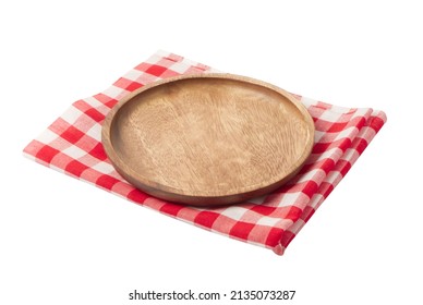 Wooden Board Stand On Tablecloth Isolated On White Background