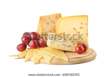 Wooden board with tasty cheese on white background ストックフォト © 