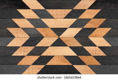 Wooden boards texture. Dark wooden wall with symmetry geometric pattern.