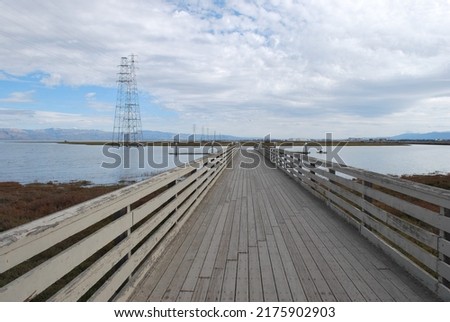 Wooden boardwalk going over the marshes of south San Francisco bay area; electricity towers and lines visible against the cloudy sky; Palo Alto Baylands Park, California
